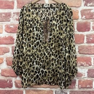 Anne Klein Shirt Womens 3X Animal Print Sequin Neck Sheer Tunic Top Long Sleeves